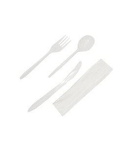White Medium Weight 6 Piece Kit - Knife, Fork, Spoon, Napkin salt , paper - 250 per case White Medium Weight 6 Piece Kit - Knife, Fork, Spoon, Napkin salt , paper - 250 per case